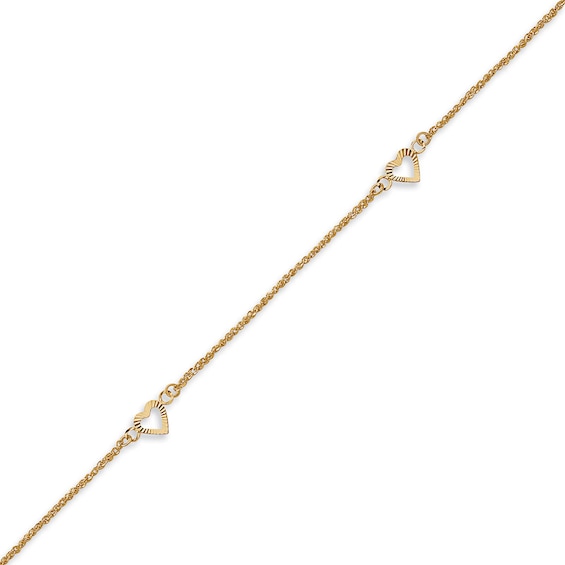 Diamond-Cut Heart Adjustable Anklet in 14K Gold - 10"