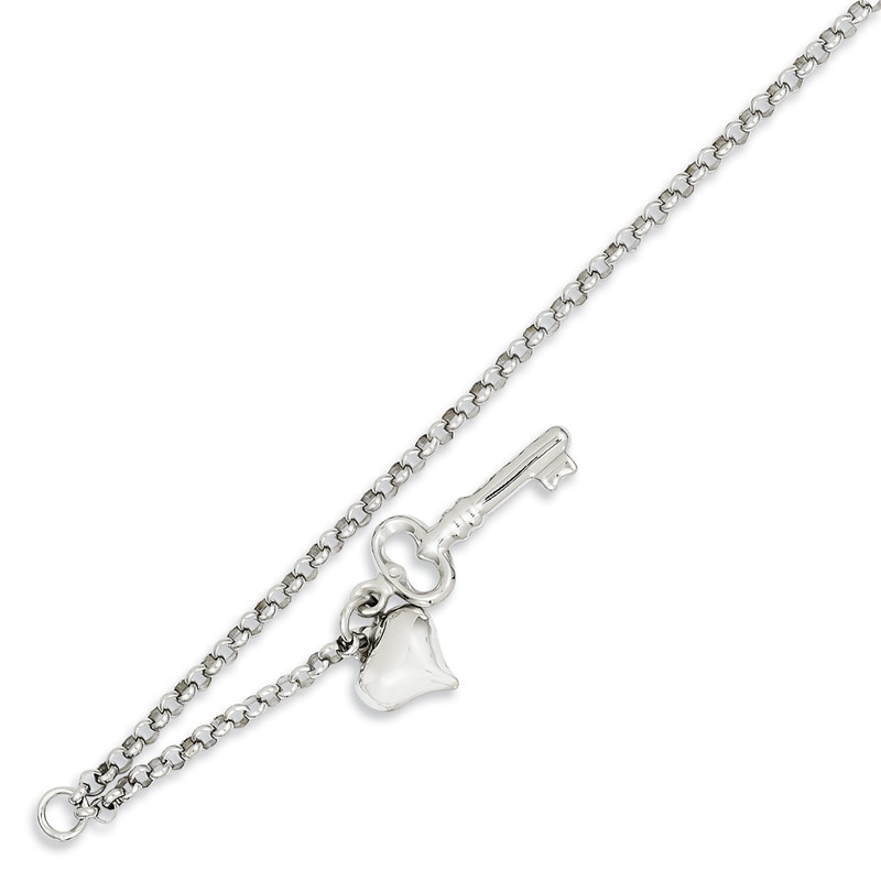 Heart Key Dangle Adjustable Anklet in 14K White Gold - 10"