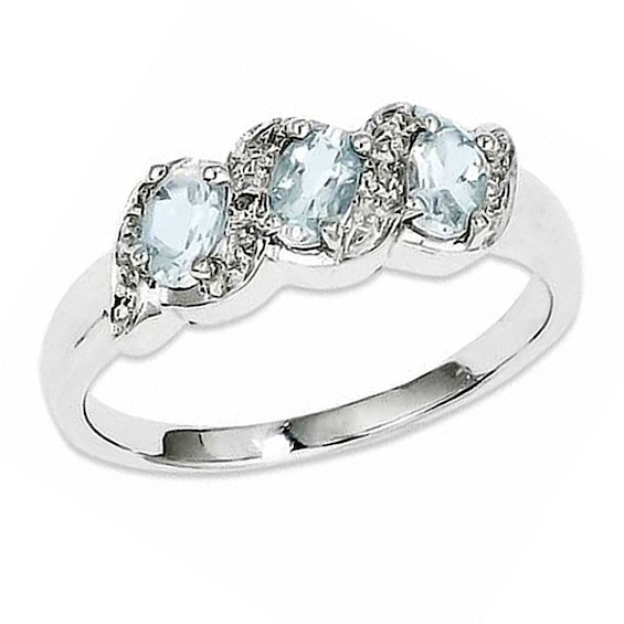 Oval Aquamarine and Diamond Accent Three Stone Ring Sterling Silver - 7