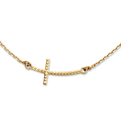Sideways Curved Beaded Cross Necklace 