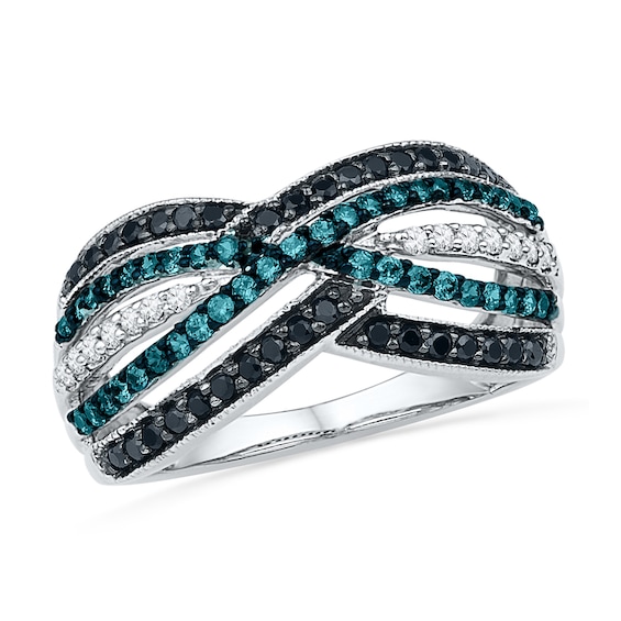 5/8 CT. T.w. Enhanced Black, Blue and White Diamond Layered Crossover Ring in 10K White Gold