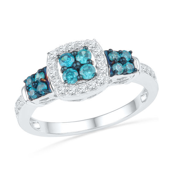 1/2 CT. T.w. Quad Enhanced Blue and White Diamond Three Stone Ring in Sterling Silver