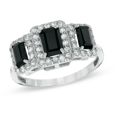 Emerald Cut Onyx And Lab Created White Sapphire Three Stone Ring In Sterling Silver Zales