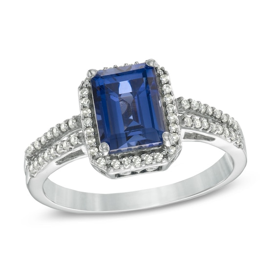 Rectangular Lab-Created Blue Sapphire and 1/5 CT. T.w. Diamond Frame Ring in Sterling Silver