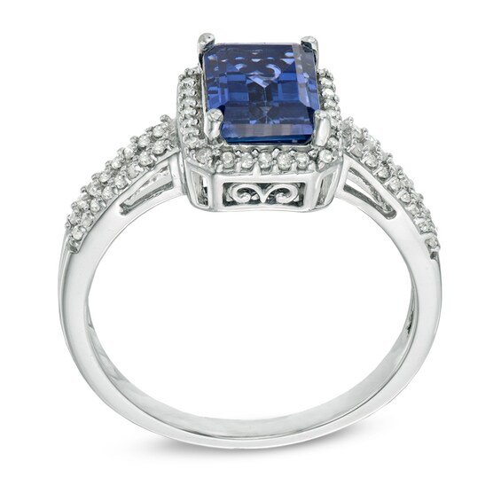 Rectangular Lab-Created Blue Sapphire and 1/5 CT. T.w. Diamond Frame Ring in Sterling Silver