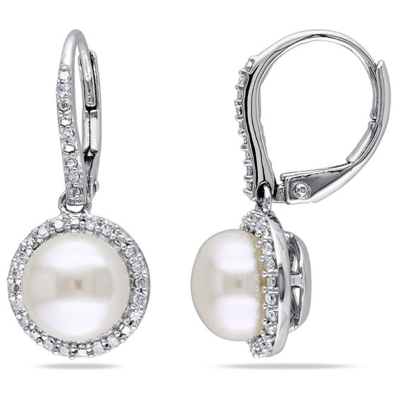 8.0 - 8.5mm Button Cultured Freshwater Pearl and 1/5 CT. T.W. Drop Earrings in Sterling Silver 8.0 - 8.5mm Button Cultured Freshwater Pearl and 1/5 CT. T.W. Drop Earrings in Sterling Silver