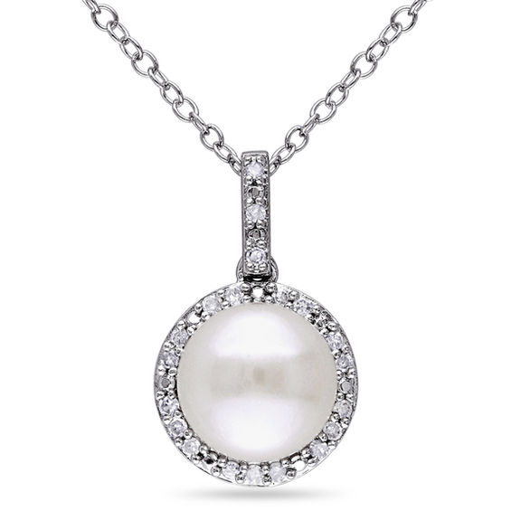 8.0 - 8.5mm Button Cultured Freshwater Pearl and 1/10 CT. T.W. Diamond Frame Pendant in Sterling Silver 8.0 - 8.5mm Button Cultured Freshwater Pearl and 1/10 CT. T.W. Diamond Frame Pendant in Sterling Silver