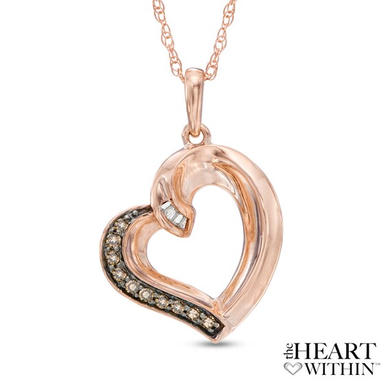 1/10 CT. T.w. Champagne and White Diamond Tilted Ribbon Heart Pendant in 10K Rose Gold