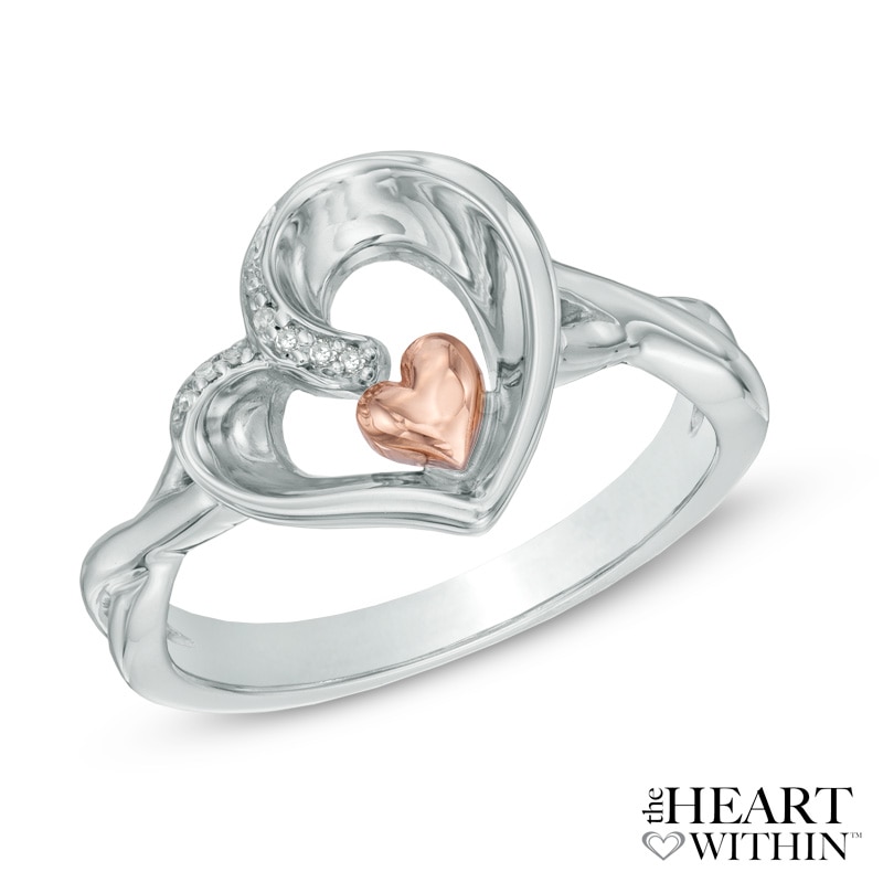 The Heart Within® Diamond Accent Tilted Heart Ring in Sterling Silver and 10K Rose Gold