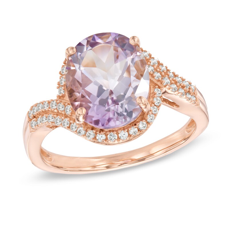 Main Image 1 of Oval Rose de France Amethyst and Lab-Created White Sapphire Frame Ring in 10K Rose Gold