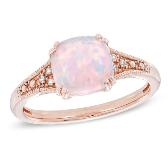 8.0mm Cushion-Cut Lab-Created Pink Opal and White Sapphire Ring in Sterling Silver with 14K Rose Gold Plate