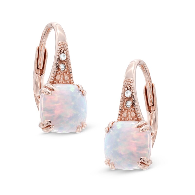Main Image 1 of 7.0mm Cushion-Cut Lab-Created Pink Opal and White Sapphire Drop Earrings in Sterling Silver with 14K Rose Gold Plate