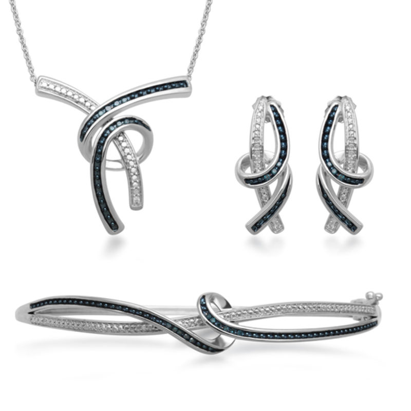 Main Image 1 of 1/8 CT. T.W. Enhanced Blue and White Diamond Abstract Three Piece Set in Sterling Silver