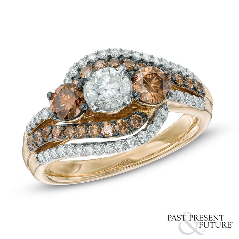 Main Image 1 of 1-3/4 CT. T.W. Champagne and White Diamond Past Present Future® Layered Swirl Ring in 14K Gold