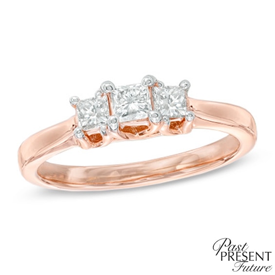 1/2 CT. T.w. Certified Princess-Cut Diamond Past Present Future® Ring in 14K Rose Gold (I/I2)