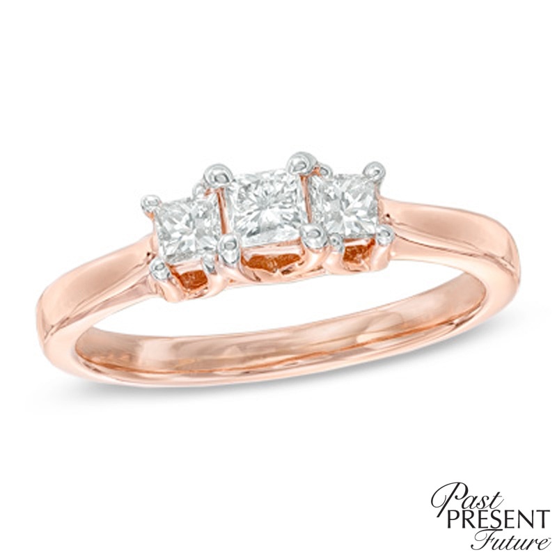Main Image 1 of 1/2 CT. T.W. Certified Princess-Cut Diamond Past Present Future® Ring in 14K Rose Gold (I/I2)