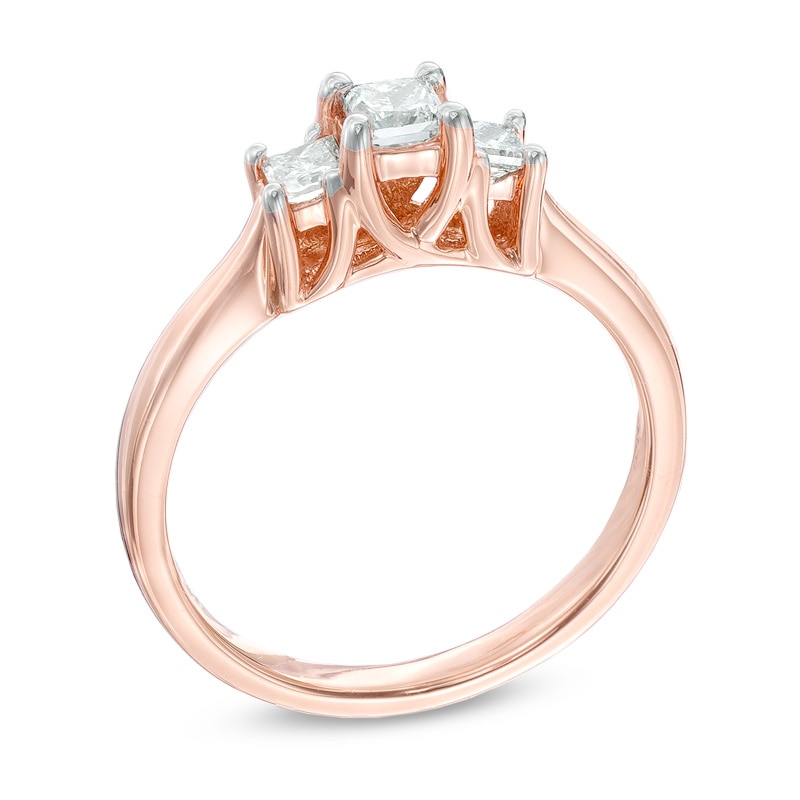 1/2 CT. T.W. Certified Princess-Cut Diamond Past Present Future® Ring in 14K Rose Gold (I/I2)