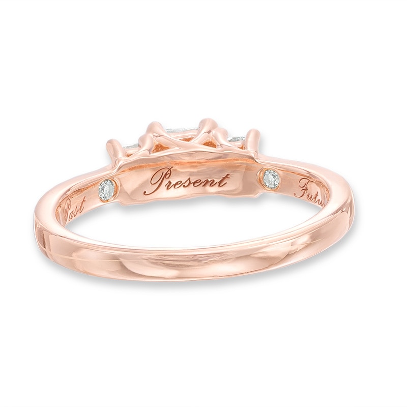 Main Image 3 of 1/2 CT. T.W. Certified Princess-Cut Diamond Past Present Future® Ring in 14K Rose Gold (I/I2)