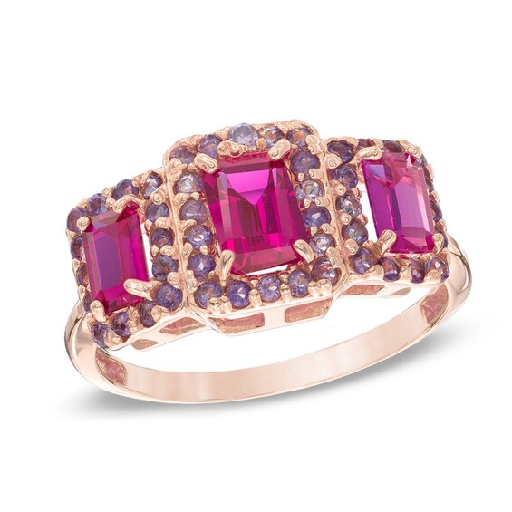 Emerald-Cut Lab-Created Ruby and Amethyst Three Stone Frame Ring in Sterling Silver with 14K Rose Gold Plate Emerald-Cut Lab-Created Ruby and Amethyst Three Stone Frame Ring in Sterling Silver with 14K Rose Gold Plate