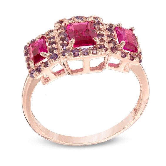 Emerald-Cut Lab-Created Ruby and Amethyst Three Stone Frame Ring in Sterling Silver with 14K Rose Gold Plate Emerald-Cut Lab-Created Ruby and Amethyst Three Stone Frame Ring in Sterling Silver with 14K Rose Gold Plate