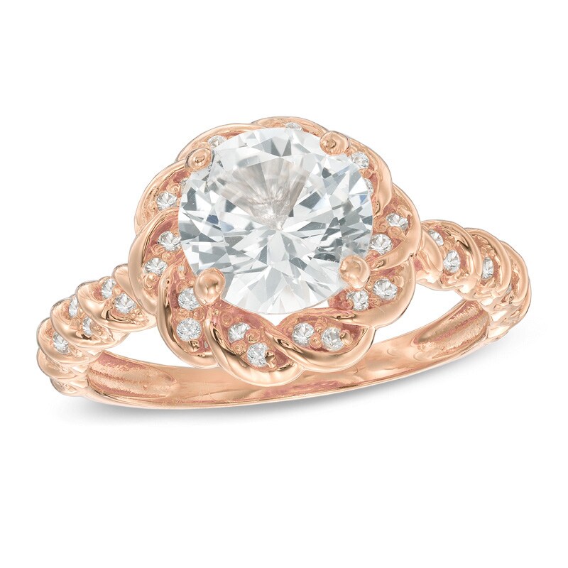 8.0mm Lab-Created White Sapphire Flower Ring in Sterling Silver with 14K Rose Gold Plate