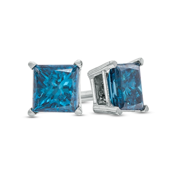 1/2 CT. T.w. Enhanced Blue Princess-Cut Diamond Solitaire Stud Earrings in 10K White Gold