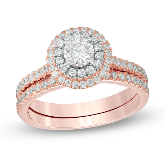 Celebration Ideal 7/8 CT. T.w. Certified Diamond Double Frame Bridal Set in 14K Rose Gold (I/I1)