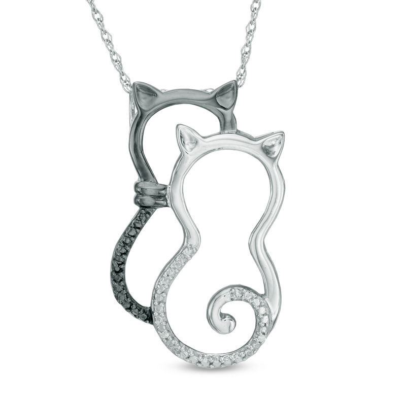 Enhanced Black and White Diamond Accent Double Cat Pendant in Sterling Silver with Black Rhodium