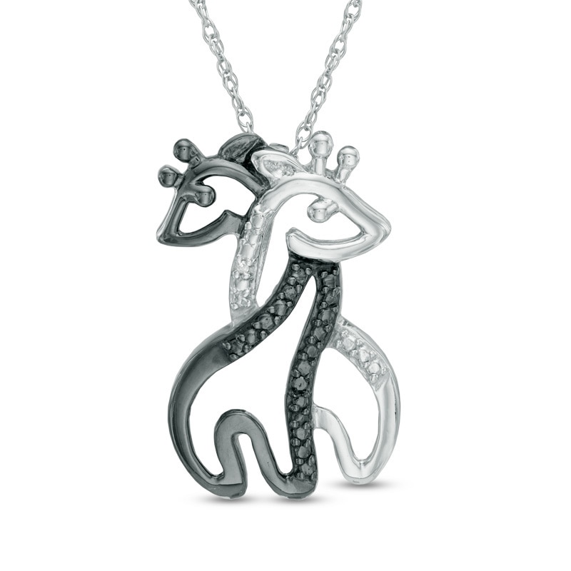 Enhanced Black and White Diamond Accent Hugging Giraffes Pendant in Sterling Silver with Black Rhodium