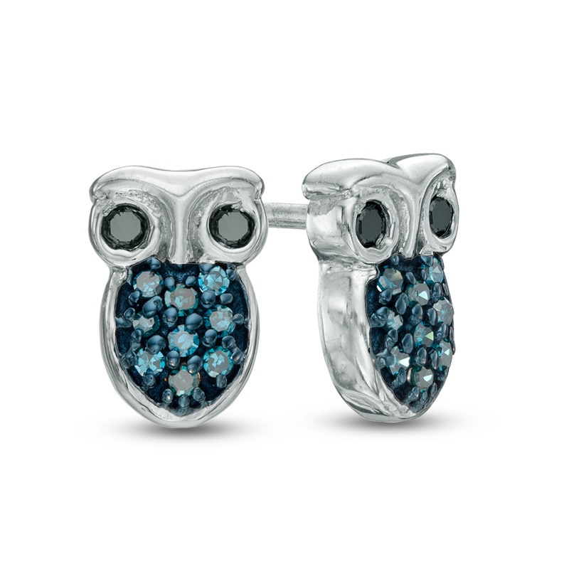 1/10 CT. T.W. Blue and Black Diamond Owl Stud Earrings in Sterling Silver