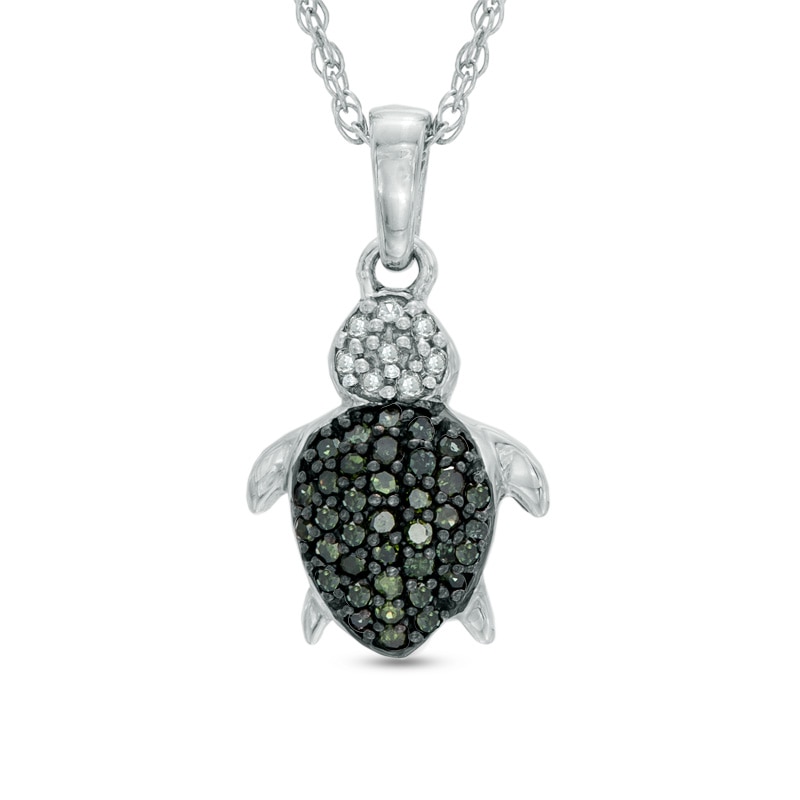 Main Image 1 of 1/6 CT. T.W. Enhanced Green and White Diamond Turtle Pendant in Sterling Silver