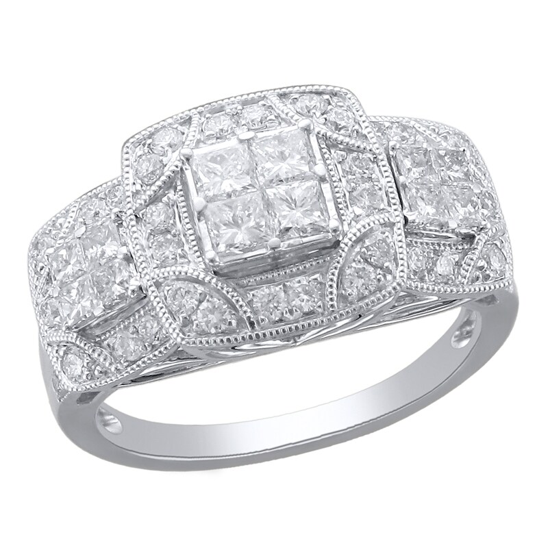 Main Image 1 of 1-1/4 CT. T.W. Princess-Cut Quad Multi-Diamond Frame Three Stone Ring in 10K White Gold