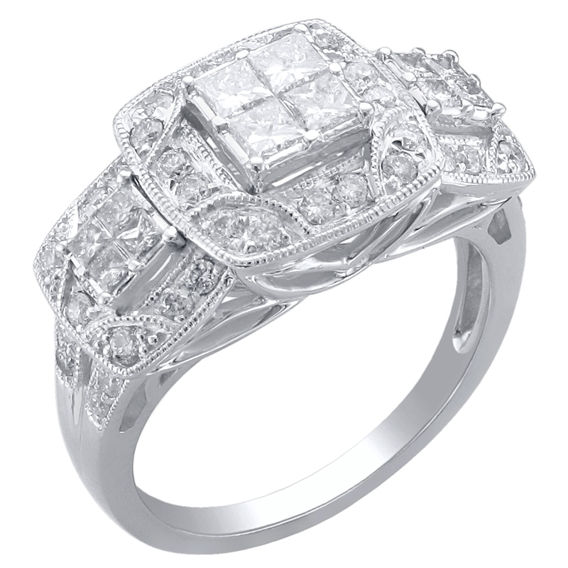 Main Image 2 of 1-1/4 CT. T.W. Princess-Cut Quad Multi-Diamond Frame Three Stone Ring in 10K White Gold