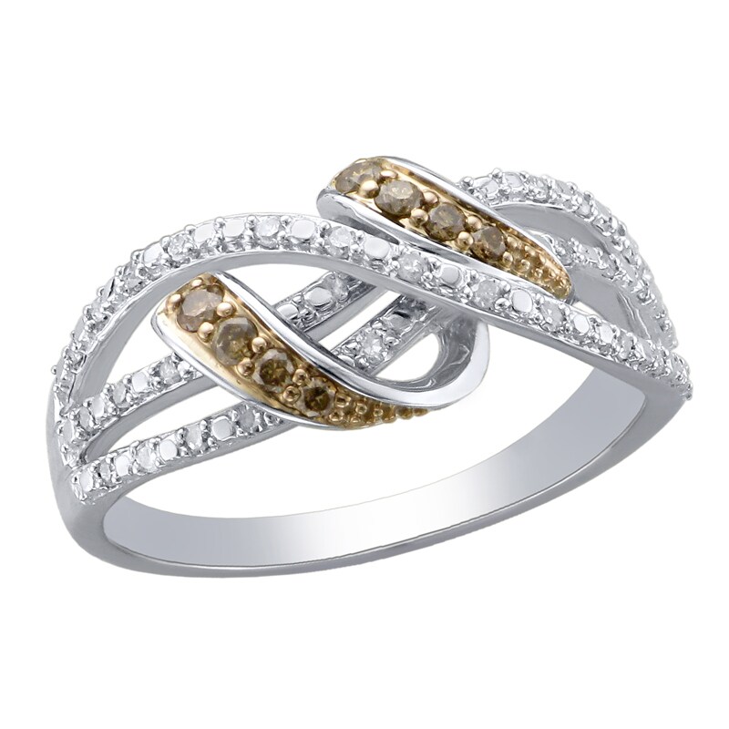 Main Image 1 of 1/4 CT. T.W. Champagne and White Diamond Ribbon Wrapped Ring in 10K White Gold