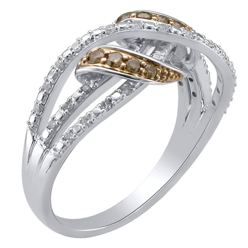 Main Image 2 of 1/4 CT. T.W. Champagne and White Diamond Ribbon Wrapped Ring in 10K White Gold