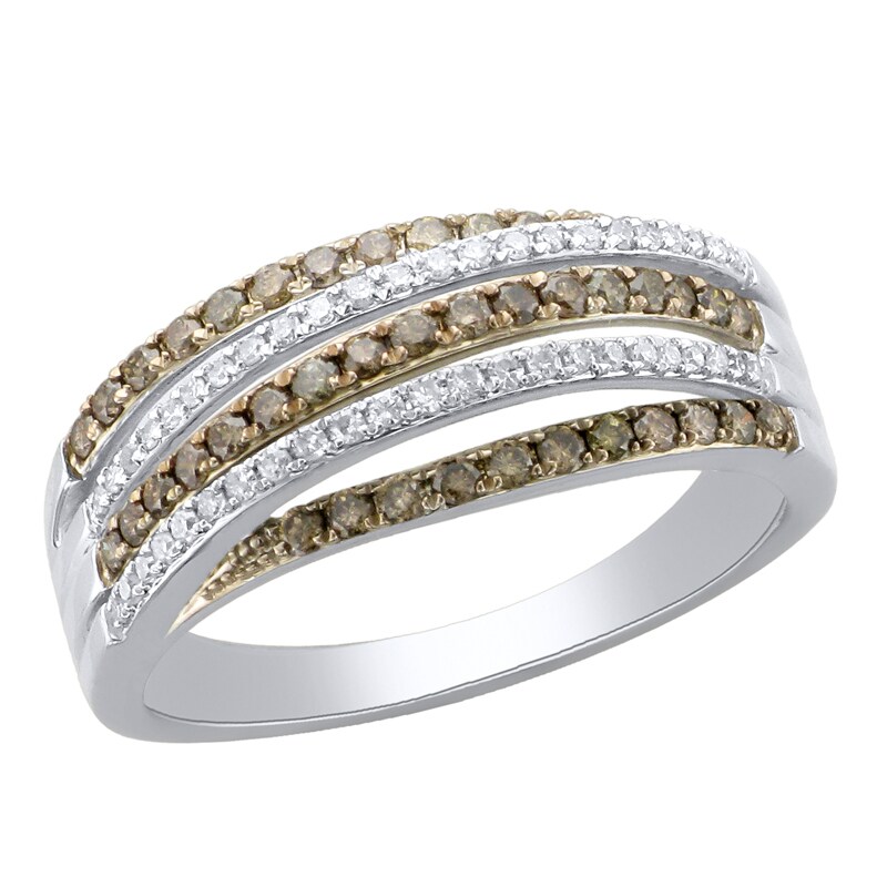 Main Image 1 of 1/2 CT. T.W. Champagne and White Diamond Multi-Row Ring in 10K White Gold