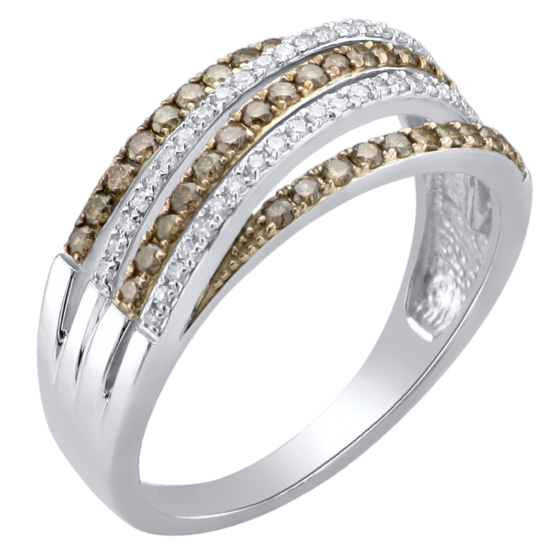 1/2 CT. T.W. Champagne and White Diamond Multi-Row Ring in 10K White Gold