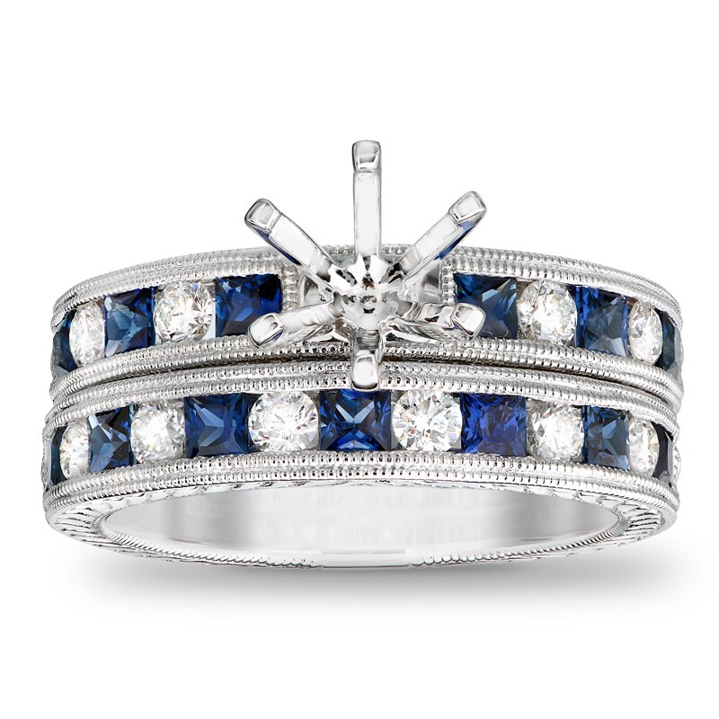 Main Image 1 of Princess-Cut Blue Sapphire and 1/2 CT. T.W. Diamond Semi-Mount Bridal Set in 14K White Gold