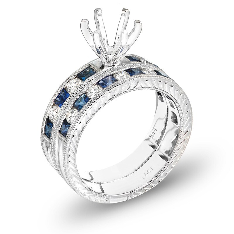 Main Image 2 of Princess-Cut Blue Sapphire and 1/2 CT. T.W. Diamond Semi-Mount Bridal Set in 14K White Gold