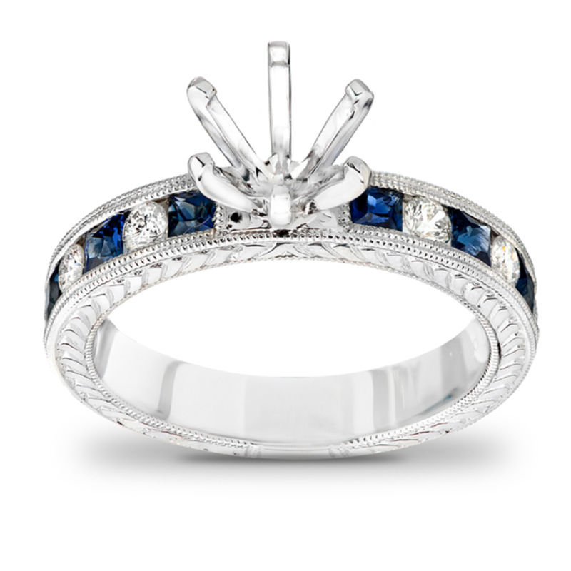 Main Image 3 of Princess-Cut Blue Sapphire and 1/2 CT. T.W. Diamond Semi-Mount Bridal Set in 14K White Gold