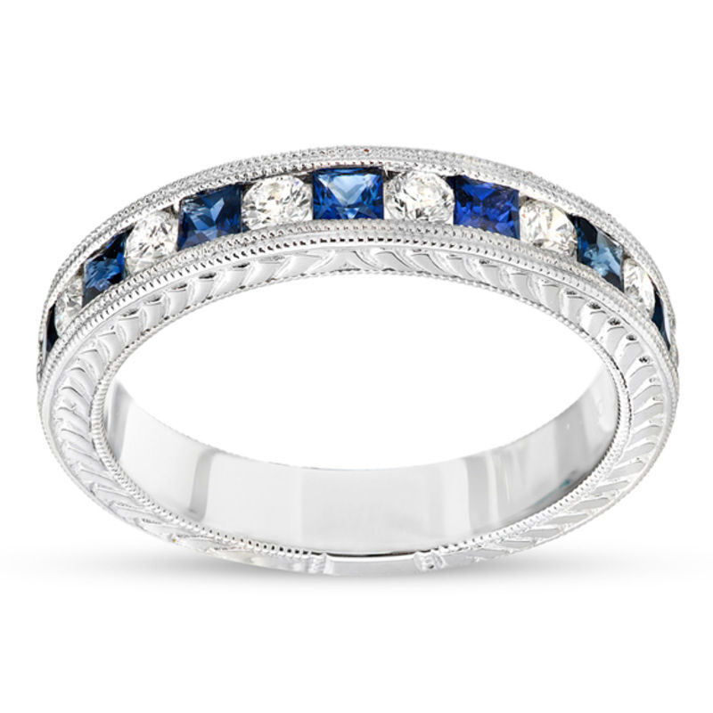 Main Image 4 of Princess-Cut Blue Sapphire and 1/2 CT. T.W. Diamond Semi-Mount Bridal Set in 14K White Gold