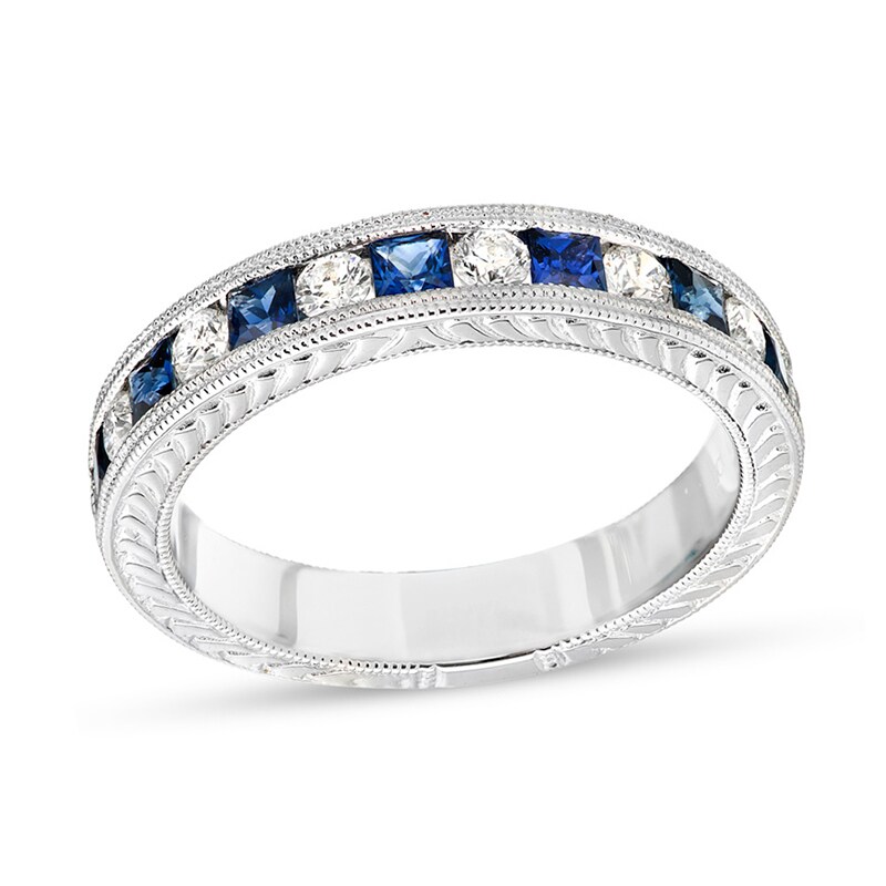 Princess-Cut Blue Sapphire and 1/4 CT. T.W. Diamond Band in 14K White Gold