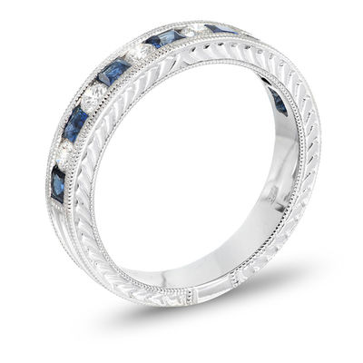 Princess-Cut Blue Sapphire and 1/4 CT. T.W. Diamond Wedding Band in 14K ...