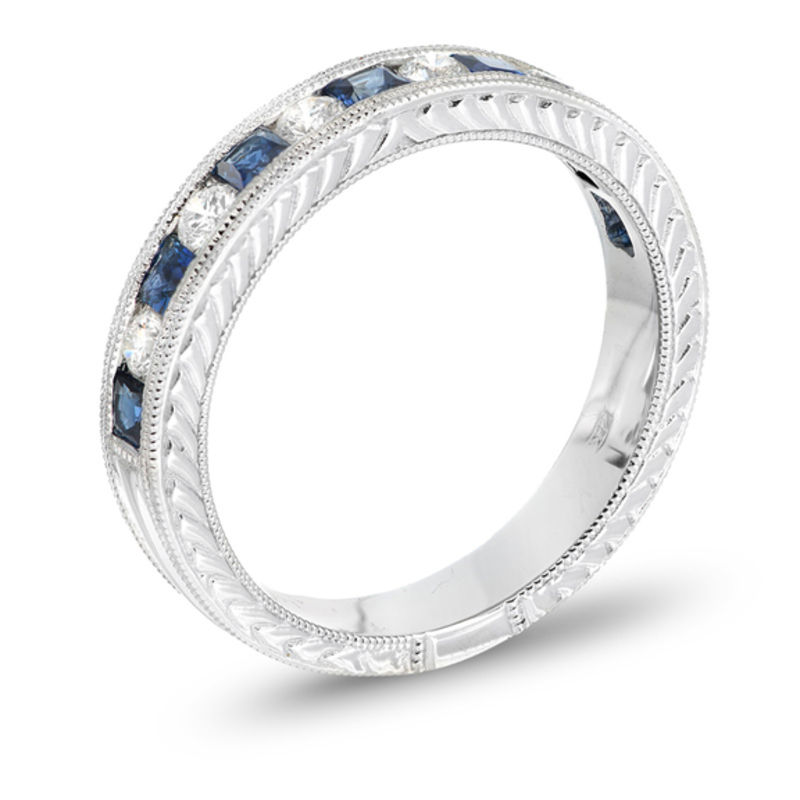 Princess-Cut Blue Sapphire and 1/4 CT. T.W. Diamond Band in 14K White Gold