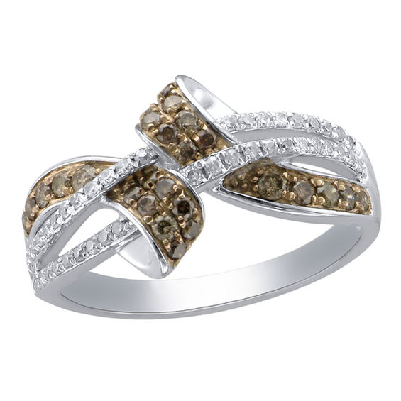 1/2 CT. T.w. Champagne and White Diamond Double Fold Bypass Ring in 10K White Gold