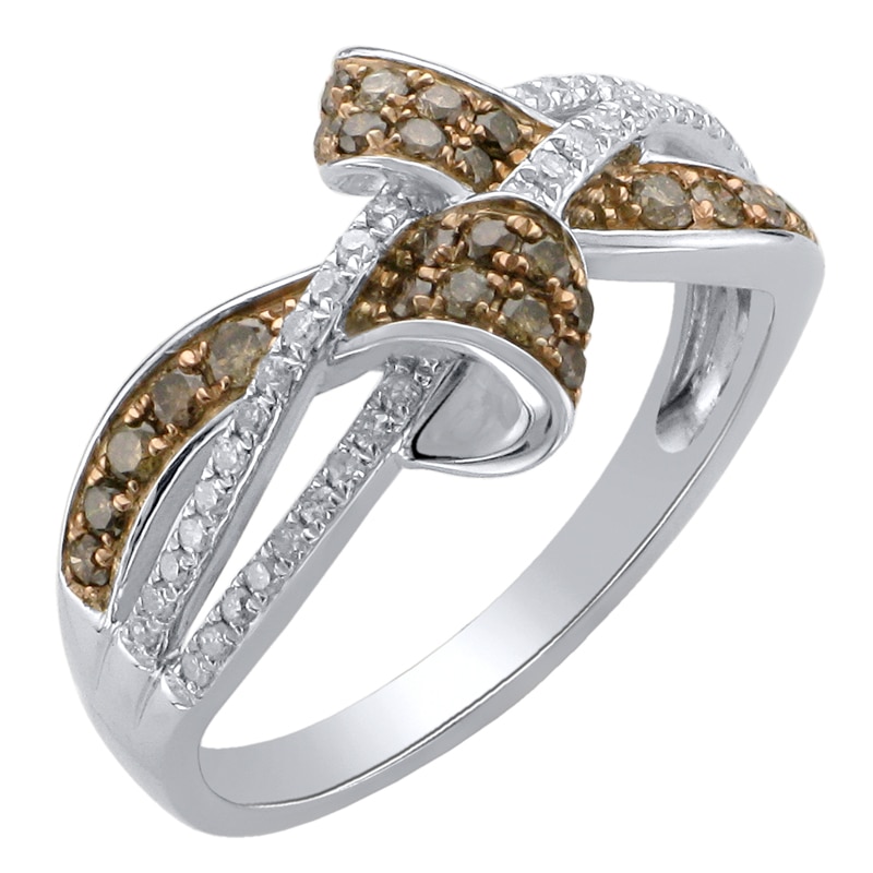 1/2 CT. T.W. Champagne and White Diamond Double Fold Bypass Ring in 10K White Gold