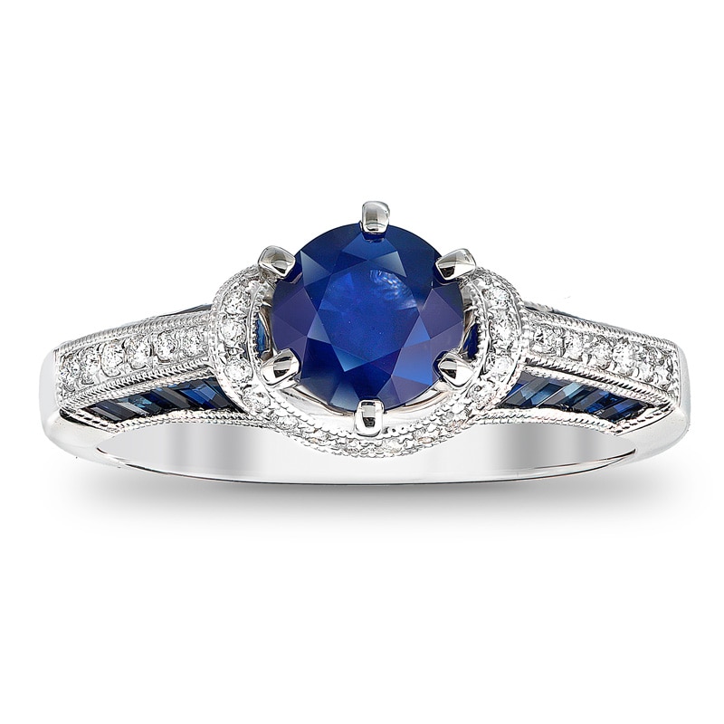 6.0mm Blue Sapphire and 1/6 CT. T.W. Diamond Engagement Ring in 14K White Gold