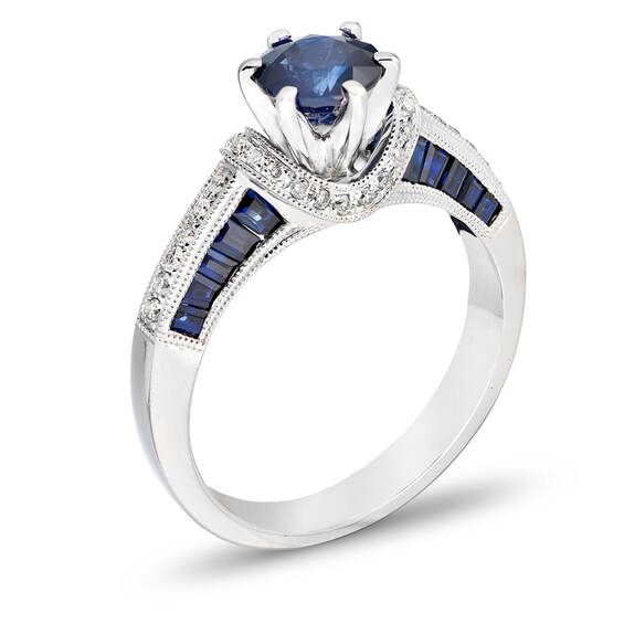 6.0mm Blue Sapphire and 1/6 CT. T.W. Diamond Engagement Ring in 14K