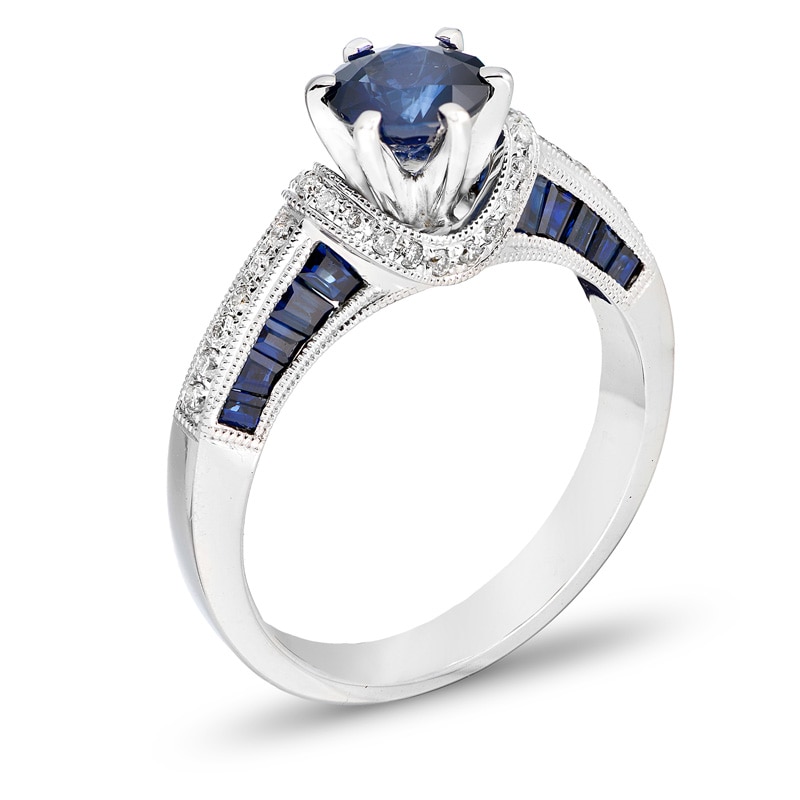 6.0mm Blue Sapphire and 1/6 CT. T.W. Diamond Engagement Ring in 14K White Gold