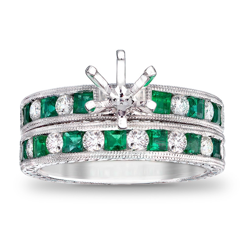 Princess-Cut Emerald and 1/2 CT. T.W. Diamond Semi-Mount Bridal Set in 14K White Gold